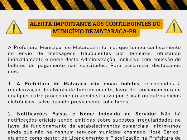 A PREFEITURA MUNICIPAL DE MATARACA ALERTA PARA GOLPES!